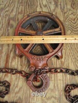 Antique Lauden Co. Cast Iron Barn Pulley With Chain Farm Tool Rustic Primitive