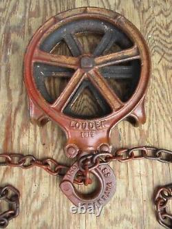 Antique Lauden Co. Cast Iron Barn Pulley With Chain Farm Tool Rustic Primitive