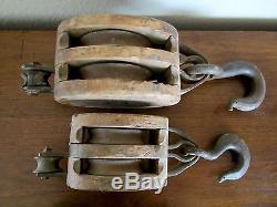 Antique Lot of 2 Large & Heavy, Wood & Iron, BLOCK & TACKLE / DOUBLE PULLEY