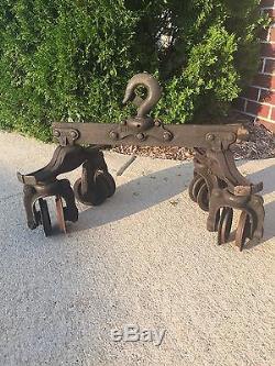 Antique Louden high bean hay trolley track carrier barn pully hoist chain iron