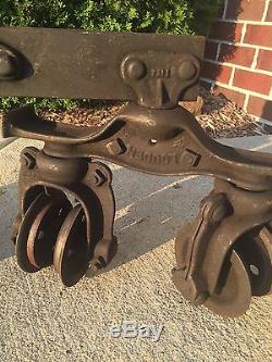 Antique Louden high bean hay trolley track carrier barn pully hoist chain iron