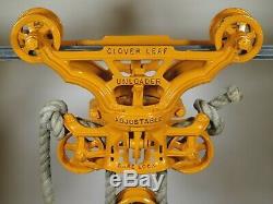 Antique MYERS CLOVER LEAF HAY TROLLEY barn farm vtg hay carrier pulley withROPE