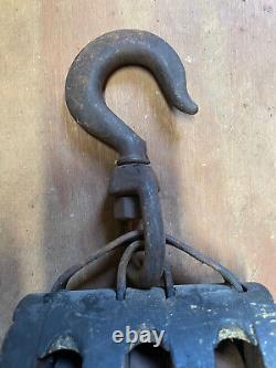 Antique Madesco Wood Triple Block 3 wheel Pulley With Iron Hook Vintage