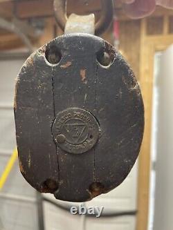 Antique Madesco Wood Triple Block 3 wheel Pulley With Iron Hook Vintage