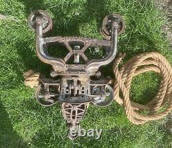 Antique Myers Cloverleaf Wood Beam Hay Trolley Nice Original With Rope