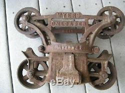 Antique Myers Myer's Unloader Steel Beam Hay Barn Carrier Trolley with H254 Pulley