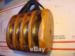Antique Nautical Maritime Huge Wooden Sailboat Quadruple Brass Wheel Pulley