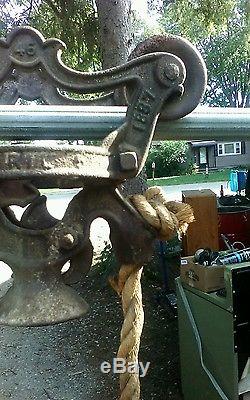 Antique Ney Wood Sheave Hay Trolley Pulley Pat'd 1887 Cast Iron with hooks