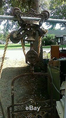 Antique Ney Wood Sheave Hay Trolley Pulley Pat'd 1887 Cast Iron with hooks