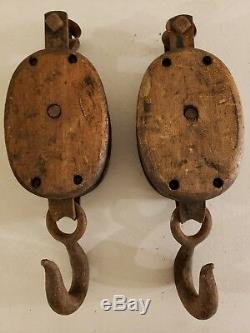 Antique Pair of Boat Ship Maritime Block & Tackle Pulleys