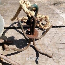 Antique Primitive Farm Well Pulley, Bucket, Hook, Rope