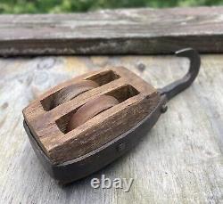 Antique Primitive Hand Carved Forged Wood Iron Block Pulley Hook Excellent