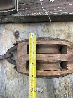 Antique Primitive Hand Carved Forged Wood Iron Block Pulley Hook Excellent