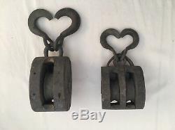 Antique Pulley Block Double Claw Pulleys Wood Metal 10 & 8 Lot of 2