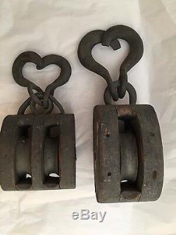 Antique Pulley Block Double Claw Pulleys Wood Metal 10 & 8 Lot of 2