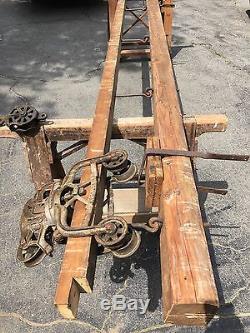 Antique Pulley Unloader Hay Trolley 14' Wood Track & Beam From Maine Barn