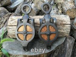 Antique Pulleys Set Of 2 Cast Iron And Wood Barn Farm Rustic Decor Hay Tool