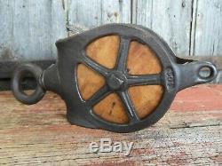 Antique Pulleys Set Of 2 Cast Iron And Wood Barn Farm Rustic Decor Hay Tool