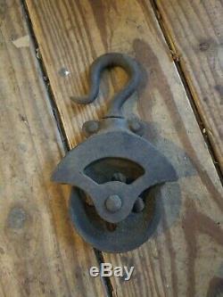 Antique Rope Pulley with HOOK steel/cast rope 3 wheel