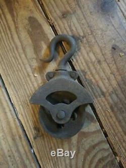 Antique Rope Pulley with HOOK steel/cast rope 3 wheel