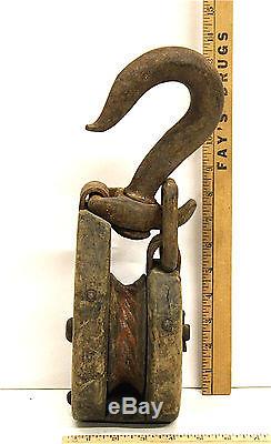 Antique Rustic Wood Block & Tackle Farm Pulley withRope Release Latch & Steel Hook