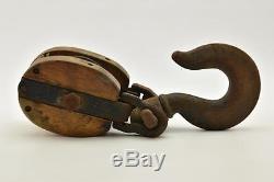Antique Ships wooden single Pulley block withIron Hook Maritime Marine Nautical