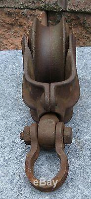 Antique Signed Cast Iron Farm Barn Rope Trolley Wheel Pulley Rustic Decor