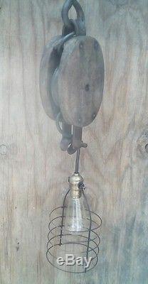 Antique Single Wood Cased Block Tackle Pulley with Hook Light Fixture Lamp
