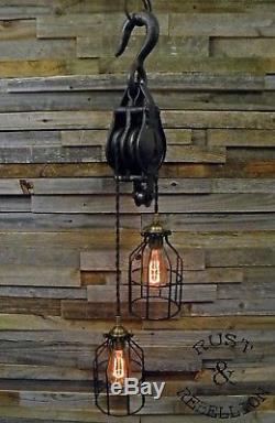 Antique Starline Cast Iron Block & Tackle Pulley Pendant Light Lamp Industrial