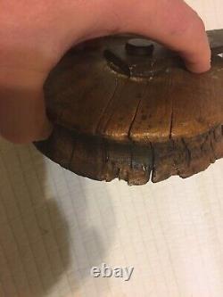 Antique Strap Metal Brackets Hand Carved wood Trolly pulleys RARE