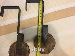 Antique Strap Metal Brackets Hand Carved wood Trolly pulleys RARE