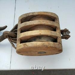 Antique Triple Barn Block & Tackle Wood Pulley Boston Co