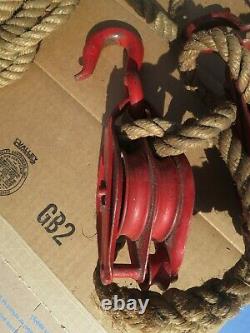 Antique Vintage (1)Double Pulley & (1)Single Pulley WithHooks Barn Rope Included