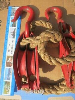 Antique Vintage (1)Double Pulley & (1)Single Pulley WithHooks Barn Rope Included