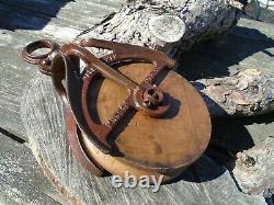 Antique Vintage Cast Iron And Wood Barn Pulley HUDSON Rustic Decor Primitive