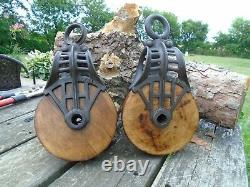Antique Vintage Cast Iron And Wood Barn Pulleys Farm Tool Rustic Primitive