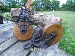 Antique Vintage Cast Iron And Wood Barn Pulleys Farm Tool Rustic Primitive