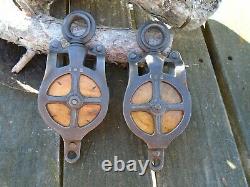 Antique Vintage Cast Iron And Wood ORNATE Barn PULLEYS Rustic Decor Primitive