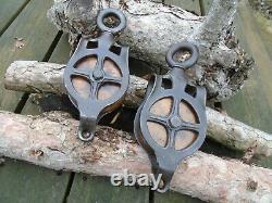 Antique Vintage Cast Iron And Wood ORNATE Barn PULLEYS Rustic Decor Primitive