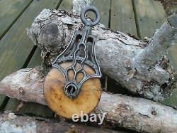 Antique Vintage Cast Iron And Wood ORNATE Barn Pulley Rustic Decor Primitive