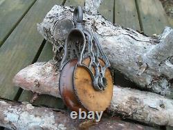 Antique Vintage Cast Iron And Wood ORNATE Barn Pulley Rustic Decor Primitive