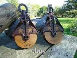 Antique Vintage Cast Iron And Wood Ornate Barn Pulleys Farm Rustic Primitive