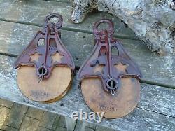 Antique Vintage Cast Iron And Wood Ornate STAR Barn Pulleys Rustic Primitive