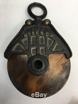 Antique /Vintage Cast Iron Myers Barn Wood Pulley Old Farm Tool Rustic Primitive