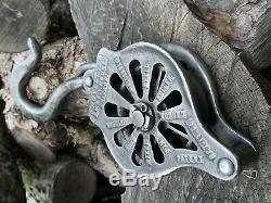 Antique Vintage Cast Iron WITH FORGED HOOK PULLEY Tool Rustic Decor Primitive