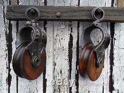 Antique Vintage Cast Iron Wood Barn Farm Pulleys Rustic Decor Matching Set Of 2