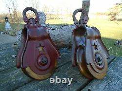 Antique Vintage Cast Iron & Wood Ornate Barn Pulleys Farm Tool Rustic Primitive