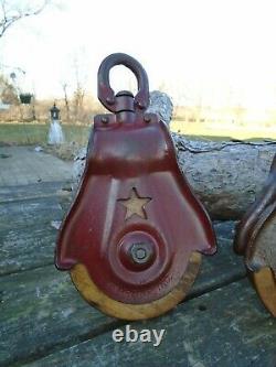 Antique Vintage Cast Iron & Wood Ornate Barn Pulleys Farm Tool Rustic Primitive