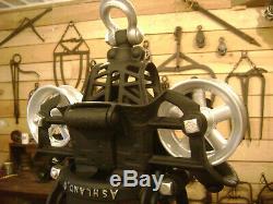 Antique Vintage Early Cast Iron FE Myers Wood Track Hay Trolley Farm Barn Pulley