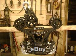 Antique Vintage Early Cast Iron FE Myers Wood Track Hay Trolley Farm Barn Pulley
